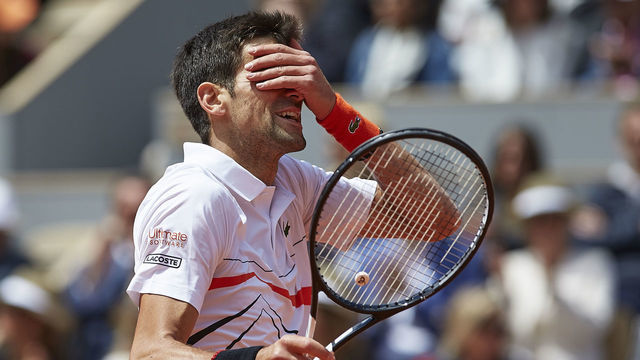 PARIS, FRANCE - JUNE 08: Novak Djokovic of Serbia reacts in his mens singles semi-final match against Dominic Thiem of Austria during Day fourteen of the 2019 French Open at Roland Garros on June 08, 2019 in Paris, France.