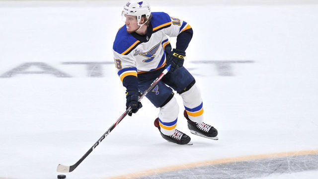 BOSTON, MA - MAY 27: St. Louis Blues center Robert Thomas (18) looks back up ice for an open teammate. During Game 1 of the Stanley Cup Finals featuring the St. Louis Blues against the Boston Bruins on May 27, 2019 at TD Garden in Boston, MA.