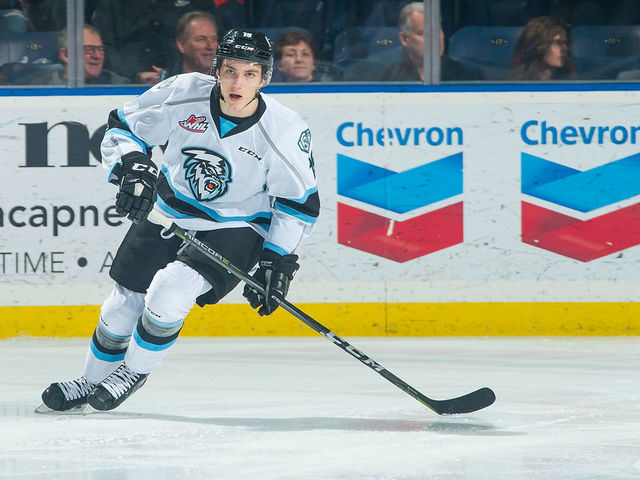 KELOWNA, CANADA - DECEMBER 2: Peyton Krebs #19 of the Kootenay Ice skates against the Kelowna Rockets on December 2, 2017 at Prospera Place in Kelowna, British Columbia, Canada. *** Local Caption ***