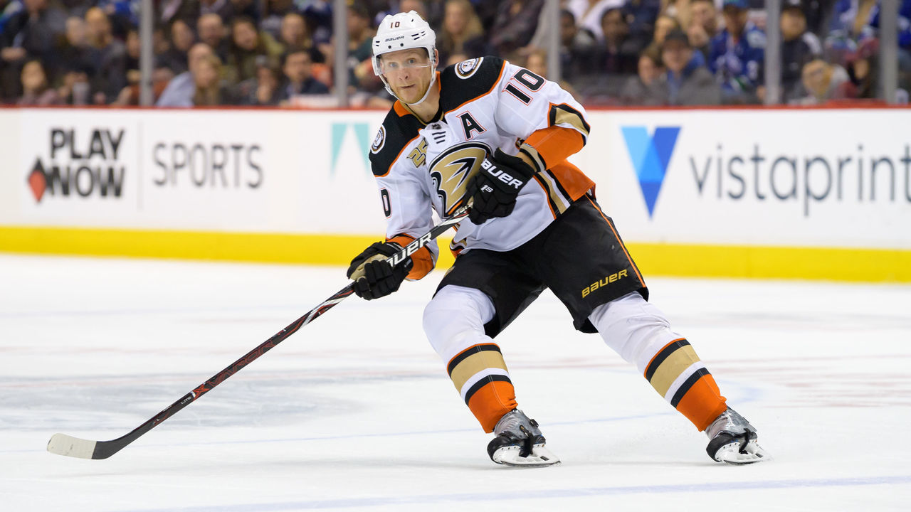 VANCOUVER, BC - MARCH 26: Anaheim Ducks Left Wing Corey Perry (10) passes the puck during their NHL game against the Vancouver Canucks at Rogers Arena on March 26, 2019 in Vancouver, British Columbia, Canada. Anaheim won 5-4.