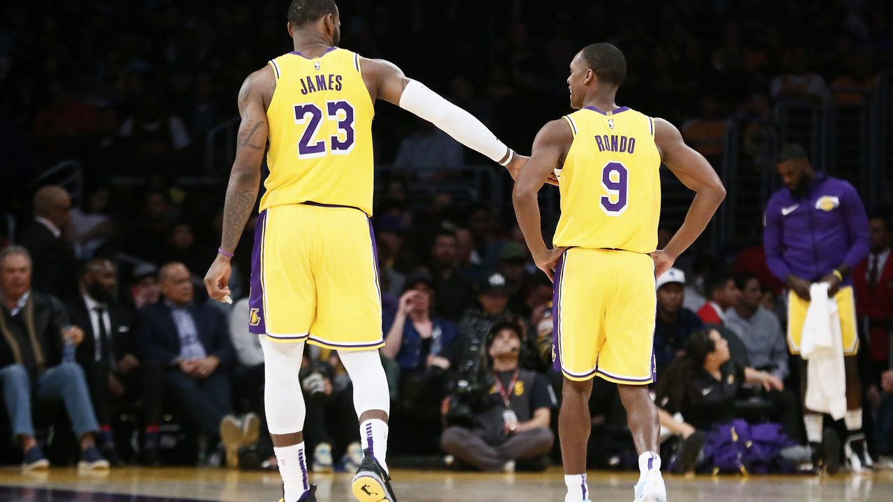 LOS ANGELES, CA - MARCH 26: Lebron James #23 interacts with Rajon Rondo #9 of the Los Angeles Lakers. during the game against the Washington Wizards on March 26, 2019 at STAPLES Center in Los Angeles, California. NOTE TO USER: User expressly acknowledges and agrees that, by downloading and/or using this Photograph, user is consenting to the terms and conditions of the Getty Images License Agreement. Mandatory Copyright Notice: Copyright 2019 NBAE