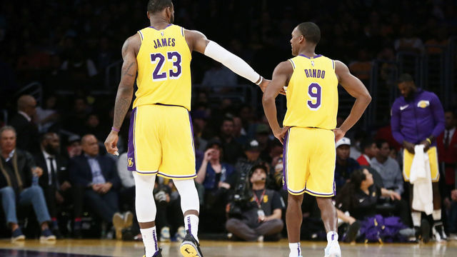 LOS ANGELES, CA - MARCH 26: Lebron James #23 interacts with Rajon Rondo #9 of the Los Angeles Lakers. during the game against the Washington Wizards on March 26, 2019 at STAPLES Center in Los Angeles, California. NOTE TO USER: User expressly acknowledges and agrees that, by downloading and/or using this Photograph, user is consenting to the terms and conditions of the Getty Images License Agreement. Mandatory Copyright Notice: Copyright 2019 NBAE