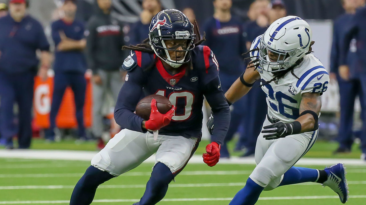 HOUSTON, TX - JANUARY 05: Indianapolis Colts strong safety Clayton Geathers (26) chases after Houston Texans wide receiver DeAndre Hopkins (10) during the AFC Wild Card game between the Indianapolis Colts and Houston Texans on January 5, 2019 at NRG Stadium in Houston, Texas.