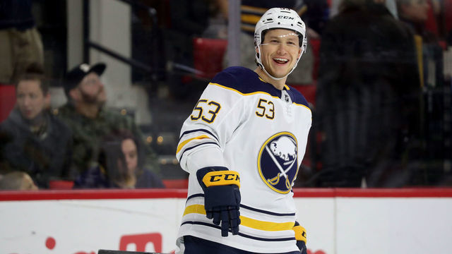 RALEIGH, NC - MARCH 16: Jeff Skinner #53 of the Carolina Hurricanes reacts after scoring a goal during an NHL game against the Buffalo Sabres on March 16, 2019 at PNC Arena in Raleigh, North Carolina.