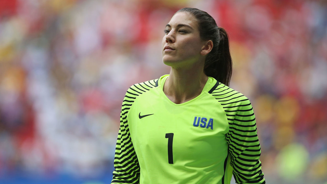BRASILIA, BRAZIL - AUGUST 12: Hope Solo of the United States looks on during the penalty shoot out during the Women's Quarter Final match between United States and Sweden on Day 7 of the Rio 2016 Olympic Games at Mane Garrincha Stadium on August 12, 2016 in Brasilia, Brazil.