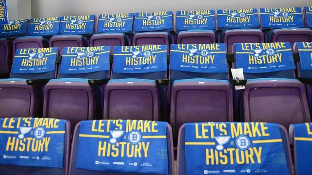 ST. LOUIS, MO - JUN 03: Rally towels decorate the seats of fans at Enterprise Center before Game 4 of the Stanley Cup Final between the Boston Bruins and the St. Louis Blues, on June 01, 2019, at Enterprise Center, St. Louis, Mo.