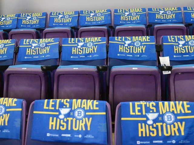 ST. LOUIS, MO - JUN 03: Rally towels decorate the seats of fans at Enterprise Center before Game 4 of the Stanley Cup Final between the Boston Bruins and the St. Louis Blues, on June 01, 2019, at Enterprise Center, St. Louis, Mo.