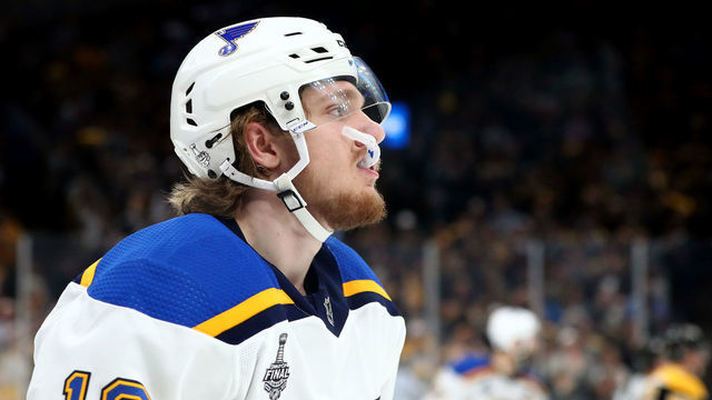 BOSTON, MASSACHUSETTS - MAY 27: Robert Thomas #18 of the St. Louis Blues reacts against the Boston Bruins during the third period in Game One of the 2019 NHL Stanley Cup Final at TD Garden on May 27, 2019 in Boston, Massachusetts.