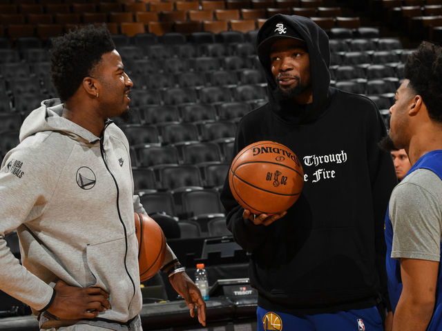 TORONTO, ON - JUNE 1: Jordan Bell #2, Quinn Cook #4 and Kevin Durant #35 of the Golden State Warriors chats during practice and media availability as part of the 2019 NBA Finals on June 1, 2019 at Scotiabank Arena in Toronto, Ontario, Canada. Mandatory Copyright Notice: Copyright 2019 NBAE