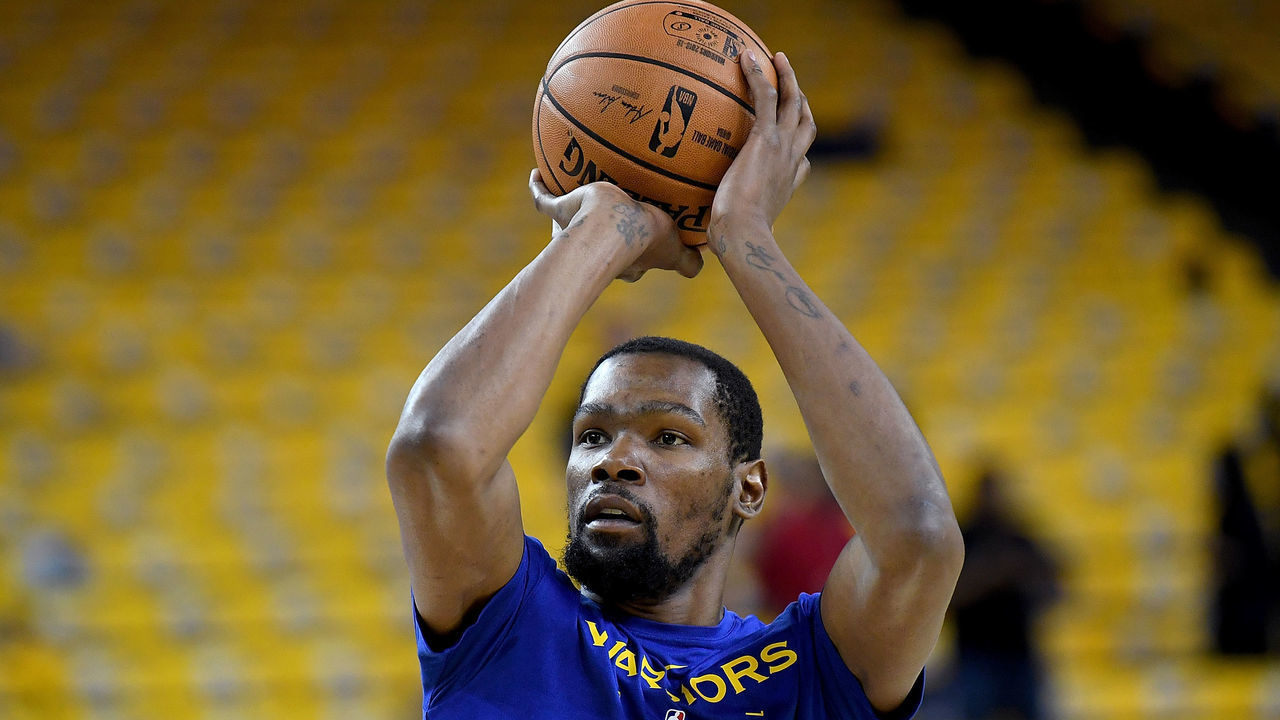 OAKLAND, CA - APRIL 28: Kevin Durant #35 of the Golden State Warriors warms up shooting prior to playing the Houston Rockets in Game One of the Second Round of the 2019 NBA Western Conference Playoffs at ORACLE Arena on April 28, 2019 in Oakland, California.