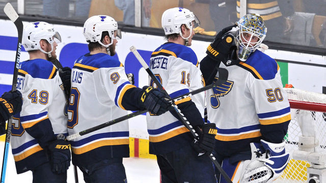 BOSTON, MA - JUNE 6: St. Louis Blues defenseman Jay Bouwmeester (19) celebrates the 2 to 1 win with St. Louis Blues goaltender Jordan Binnington (50). During Game 5 of the Stanley Cup Finals featuring the St. Louis Blues against the Boston Bruins on June 6, 2019 at TD Garden in Boston, MA.