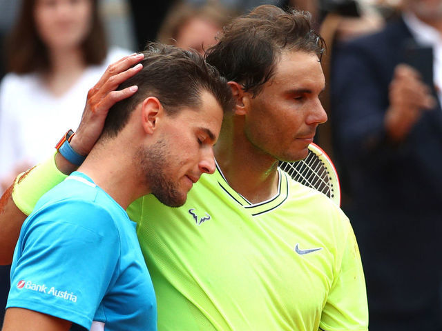 PARIS, FRANCE - JUNE 09: Rafael Nadal of Spain embraces Dominic Thiem of Austria following victory in the mens singles final during Day fifteen of the 2019 French Open at Roland Garros on June 09, 2019 in Paris, France.