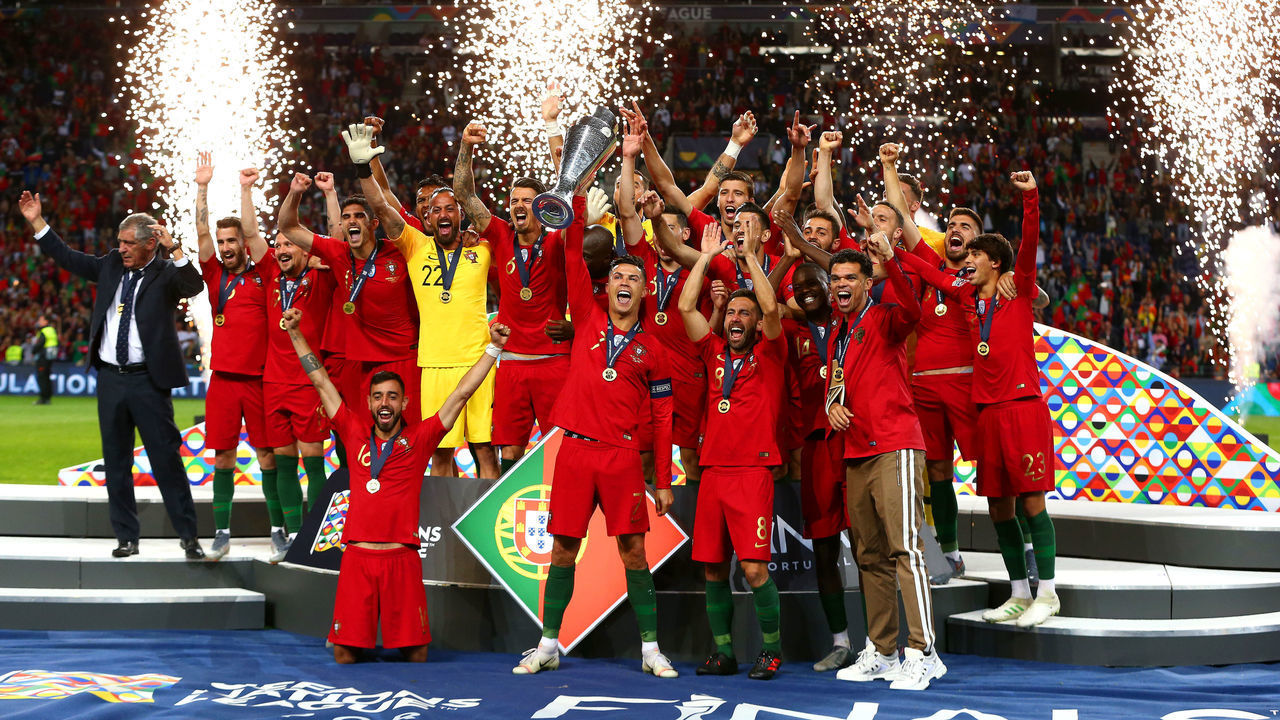 PORTO, PORTUGAL - JUNE 09: Cristiano Ronaldo of Portugal celebrates with the UEFA Nations League Trophy following his team's victory in the UEFA Nations League Final between Portugal and the Netherlands at Estadio do Dragao on June 09, 2019 in Porto, Portugal.