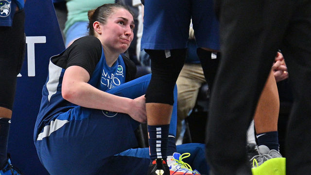 MINNEAPOLIS, MINNESOTA - JUNE 08: Jessica Shepard #10 of the Minnesota Lynx reacts after injuring her right leg during her team's game against the Los Angeles Sparks at Target Center on June 08, 2019 in Minneapolis, Minnesota. The Sparks defeated the Lynx 89-85.