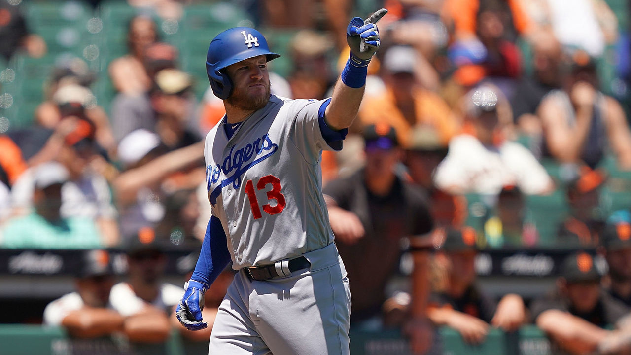 SAN FRANCISCO, CA - JUNE 09: Max Muncy #13 of the Los Angeles Dodgers celebrates as he trots around the bases after hitting a solo home run against the San Francisco Giants in the top of the first inning of a Major League Baseball game at Oracle Park on June 9, 2019 in San Francisco, California.