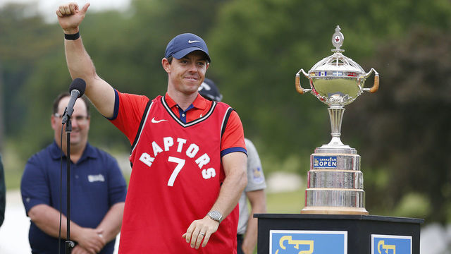 HAMILTON, ONTARIO - JUNE 09: Rory McIlroy of Northern Ireland wears a Toronto Raptors jersey after he won the RBC Canadian Open at Hamilton Golf and Country Club on June 09, 2019 in Hamilton, Canada.