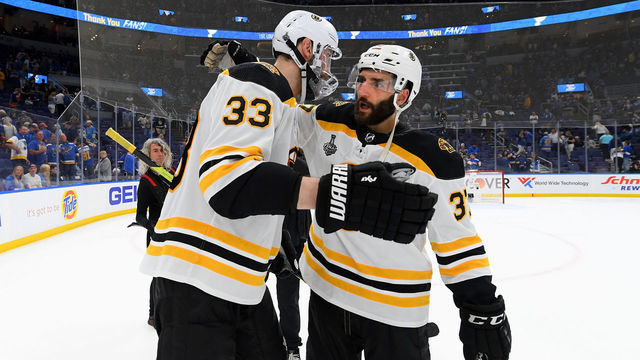 ST. LOUIS, MISSOURI - JUNE 09: Zdeno Chara #33 of the Boston Bruins and Patrice Bergeron #37 celebrate after Game Six of the 2019 NHL Stanley Cup Final at Enterprise Center on June 09, 2019 in St Louis, Missouri. The Bruins defeated the Blues 5-1.