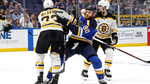ST LOUIS, MISSOURI - JUNE 09: Ryan O'Reilly #90 of the St. Louis Blues collides with Charlie McAvoy #73 of the Boston Bruins during the third period in Game Six of the 2019 NHL Stanley Cup Final at Enterprise Center on June 09, 2019 in St Louis, Missouri.
