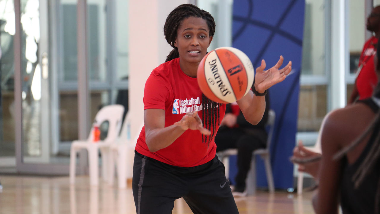 JOHANNESBURG, SOUTH AFRICA - AUGUST 2: WNBA Legend Swin Cash goes over drills with the campers at the Basketball Without Boarders Africa program at the American International School of Johannesburg on August 2, 2018 in Gauteng province of Johannesburg, South Africa. Mandatory Copyright Notice: Copyright 2018 NBAE