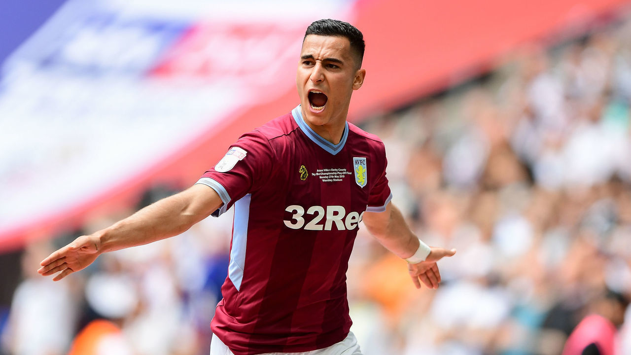 Anwar El Ghazi (22) of Aston Villa celebrates after scoring a goal to make it 1-0 during the Sky Bet Championship match between Aston Villa and Derby County at Wembley Stadium, London on Monday 27th May 2019. (Credit: Jon Hobley | MI News)