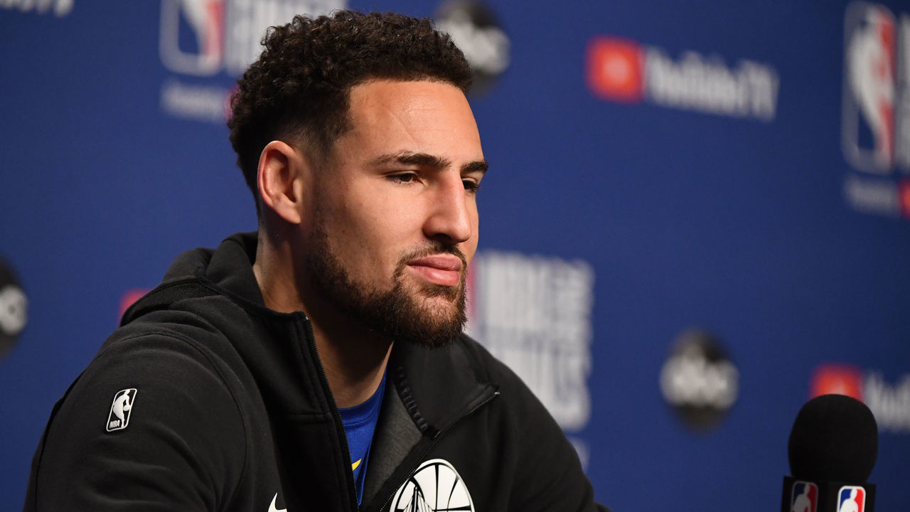 TORONTO, CANADA - JUNE 1: Klay Thompson #11 of the Golden State Warriors talks to the media during a press conference at Practice and Media Availability on June 1, 2019 at Scotiabank Arena in Toronto, Ontario, Canada. NOTE TO USER: User expressly acknowledges and agrees that, by downloading and/or using this photograph, user is consenting to the terms and conditions of the Getty Images License Agreement. Mandatory Copyright Notice: Copyright 2019 NBAE