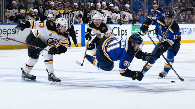 ST. LOUIS, MO - JUNE 9: Charlie McAvoy #73 of the Boston Bruins gets called for tripping on Vladimir Tarasenko #91 of the St. Louis Blues in Game Six of the 2019 NHL Stanley Cup Final at Enterprise Center on June 9, 2019 in St. Louis, Missouri.