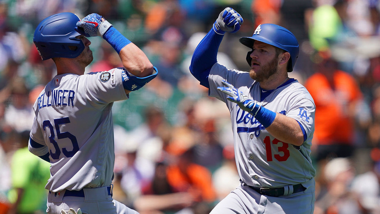 SAN FRANCISCO, CA - JUNE 09: Max Muncy #13 of the Los Angeles Dodgers is congratulated by Cody Bellinger #35 after Muncy hit a solo home run against the San Francisco Giants in the top of the first inning of a Major League Baseball game at Oracle Park on June 9, 2019 in San Francisco, California.