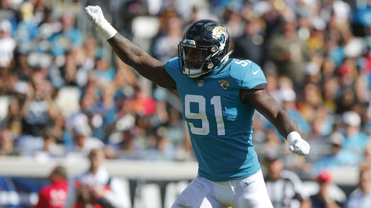 JACKSONVILLE, FL - OCTOBER 21: Jacksonville Jaguars Defensive End Yannick Ngakoue (91) celebrates a play during the game between the Houston Texans and the Jacksonville Jaguars on October 21, 2018 at TIAA Bank Field in Jacksonville, Fl.