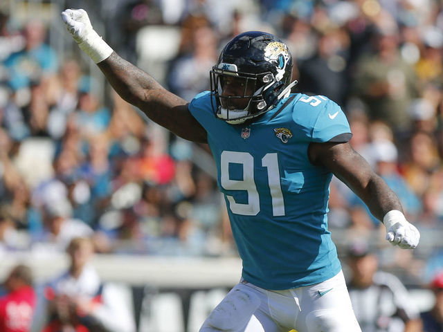 JACKSONVILLE, FL - OCTOBER 21: Jacksonville Jaguars Defensive End Yannick Ngakoue (91) celebrates a play during the game between the Houston Texans and the Jacksonville Jaguars on October 21, 2018 at TIAA Bank Field in Jacksonville, Fl.