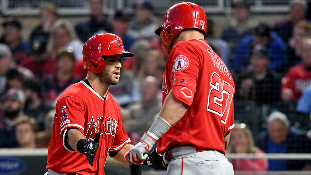 MINNEAPOLIS, MN - MAY 13: Los Angeles Angels Infield Tommy La Stella (9) is congratulated by Los Angeles Angels Center field Mike Trout (27) after hitting a solo home run in the top of the sixth off of Minnesota Twins Starting pitcher Jose Berrios (17) during a game between the Los Angeles Angels and Minnesota Twins on May 13, 2019 at Target Field in Minneapolis, MN.
