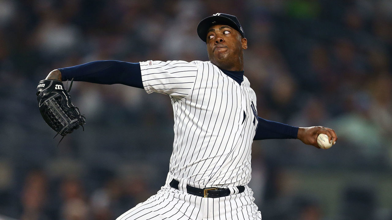 NEW YORK, NEW YORK - JUNE 01: Aroldis Chapman #54 of the New York Yankees in action against the Boston Red Sox at Yankee Stadium on June 01, 2019 in New York City. New York Yankees defeated the Boston Red Sox 5-3.