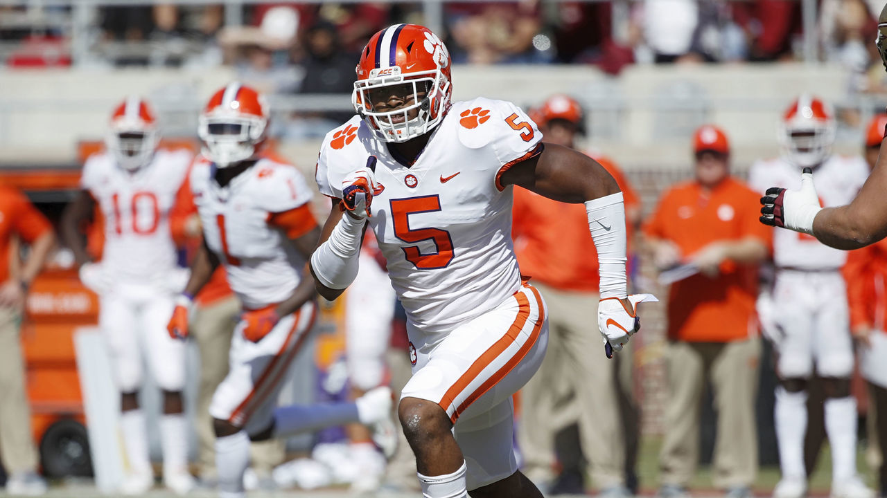 TALLAHASSEE, FL - OCTOBER 27: Shaq Smith #5 of the Clemson Tigers in action during the game against the Florida State Seminoles at Doak Campbell Stadium on October 27, 2018 in Tallahassee, Florida. Clemson won 59-10.