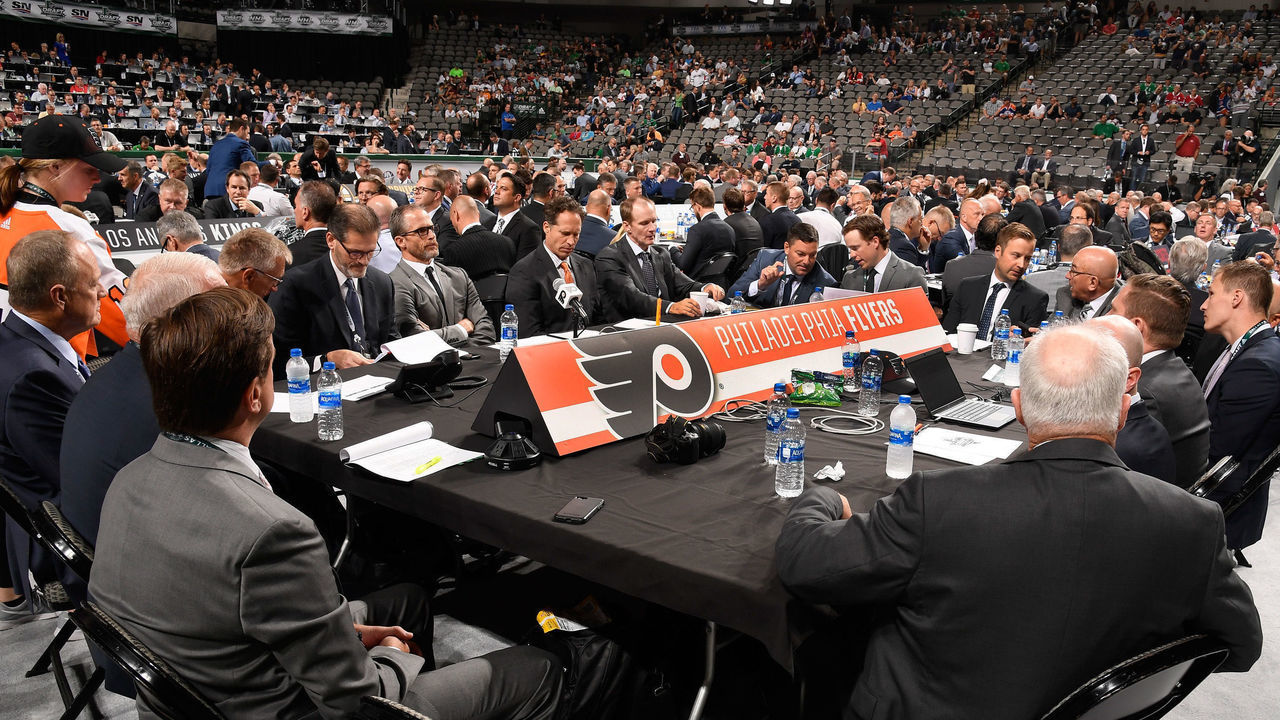 DALLAS, TX - JUNE 22: A general view of the Philadelphia Flyers draft table is seen during the first round of the 2018 NHL Draft at American Airlines Center on June 22, 2018 in Dallas, Texas.