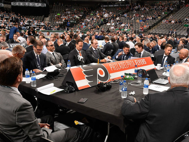 DALLAS, TX - JUNE 22: A general view of the Philadelphia Flyers draft table is seen during the first round of the 2018 NHL Draft at American Airlines Center on June 22, 2018 in Dallas, Texas.