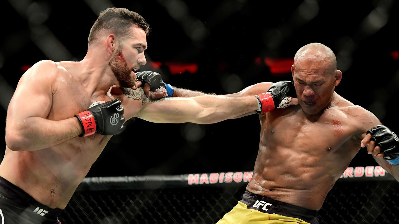 NEW YORK, NY - NOVEMBER 03: Chris Weidman of the United States fights against Jacare Souza of Brazil in their middleweight bout during the UFC 230 event at Madison Square Garden on November 3, 2018 in New York City.