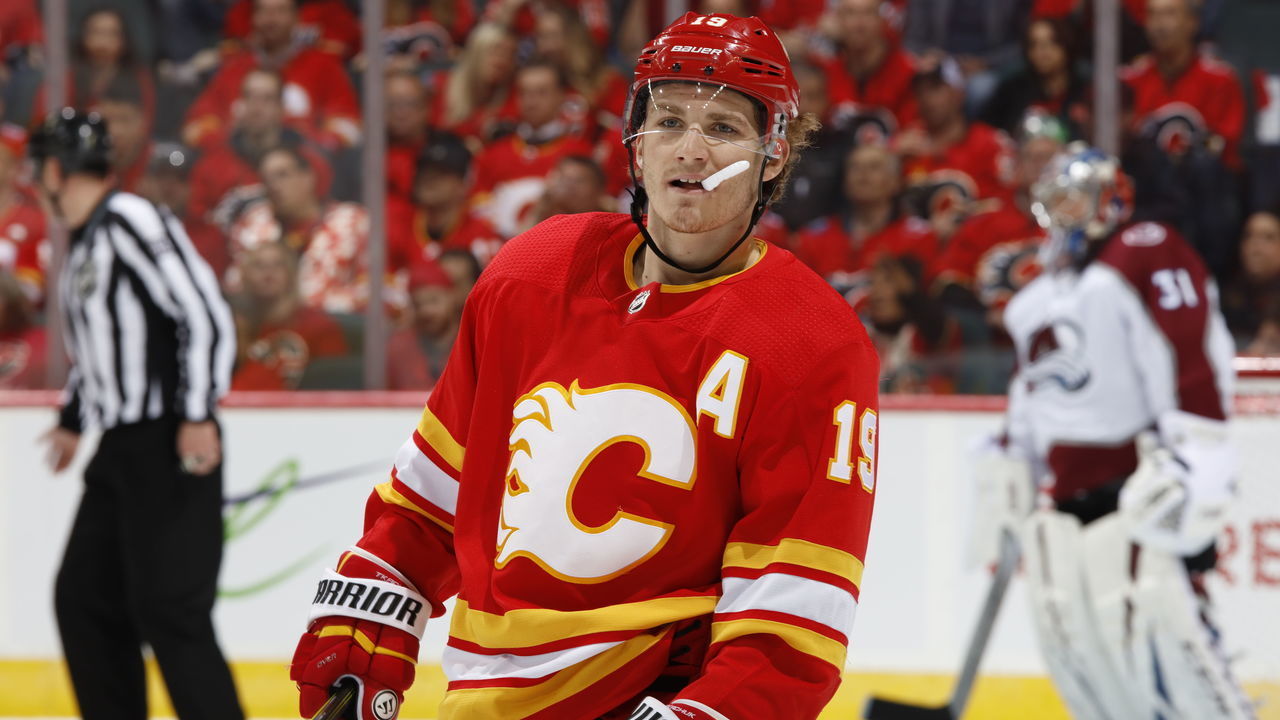 CALGARY, AB - APRIL 13: Matthew Tkachuk #19 of the Calgary Flames looks on against the Colorado Avalanche in Game Two of the Western Conference First Round during the 2019 NHL Stanley Cup Playoffs on April 13, 2019 at the Scotiabank Saddledome in Calgary, Alberta, Canada. "n