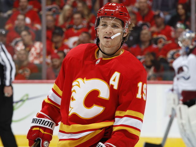CALGARY, AB - APRIL 13: Matthew Tkachuk #19 of the Calgary Flames looks on against the Colorado Avalanche in Game Two of the Western Conference First Round during the 2019 NHL Stanley Cup Playoffs on April 13, 2019 at the Scotiabank Saddledome in Calgary, Alberta, Canada. "n