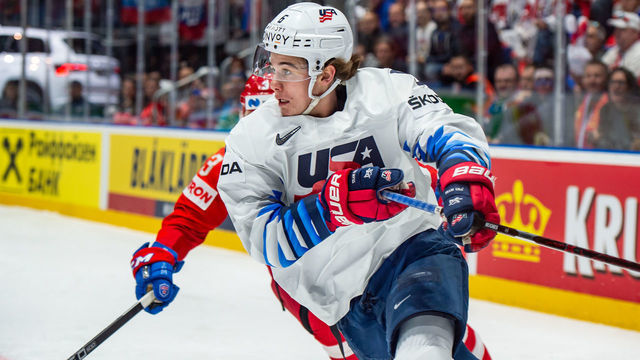BRATISLAVA, SLOVAKIA - MAY 23: #6 Jack Hughes of United States in action during the 2019 IIHF Ice Hockey World Championship Slovakia quarter final game between Russia and United States at Ondrej Nepela Arena on May 23, 2019 in Bratislava, Slovakia.