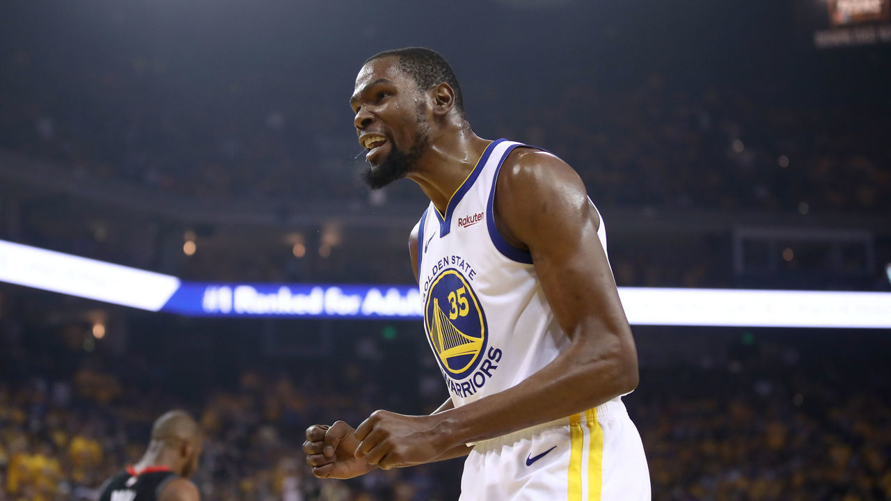 OAKLAND, CALIFORNIA - MAY 08: Kevin Durant #35 of the Golden State Warriors reacts during their game against the Houston Rockets in Game Five of the Western Conference Semifinals of the 2019 NBA Playoffs at ORACLE Arena on May 08, 2019 in Oakland, California.