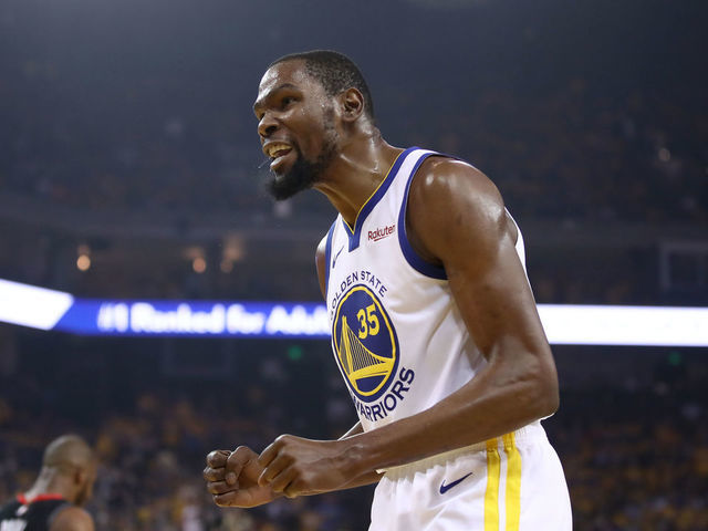 OAKLAND, CALIFORNIA - MAY 08: Kevin Durant #35 of the Golden State Warriors reacts during their game against the Houston Rockets in Game Five of the Western Conference Semifinals of the 2019 NBA Playoffs at ORACLE Arena on May 08, 2019 in Oakland, California.