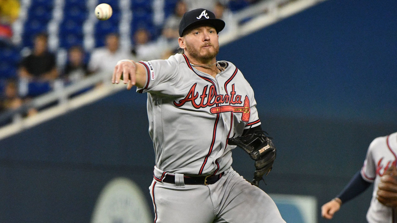 MIAMI, FL - JUNE 08: Josh Donaldson #20 of the Atlanta Braves makes the throw to first in the second inning against the Miami Marlins at Marlins Park on June 8, 2019 in Miami, Florida.
