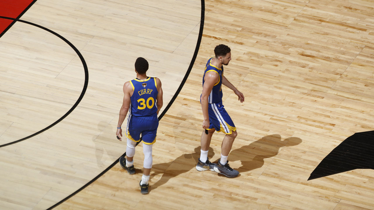 TORONTO, CANADA - JUNE 10: Stephen Curry #30 and Klay Thompson #11 of the Golden State Warriors walks on the court against the Toronto Raptors during Game Five of the NBA Finals on June 10, 2019 at Scotiabank Arena in Toronto, Ontario, Canada. NOTE TO USER: User expressly acknowledges and agrees that, by downloading and/or using this photograph, user is consenting to the terms and conditions of the Getty Images License Agreement. Mandatory Copyright Notice: Copyright 2019 NBAE