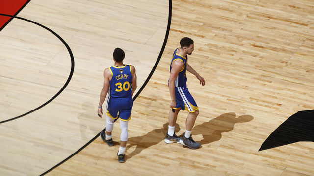 TORONTO, CANADA - JUNE 10: Stephen Curry #30 and Klay Thompson #11 of the Golden State Warriors walks on the court against the Toronto Raptors during Game Five of the NBA Finals on June 10, 2019 at Scotiabank Arena in Toronto, Ontario, Canada. NOTE TO USER: User expressly acknowledges and agrees that, by downloading and/or using this photograph, user is consenting to the terms and conditions of the Getty Images License Agreement. Mandatory Copyright Notice: Copyright 2019 NBAE