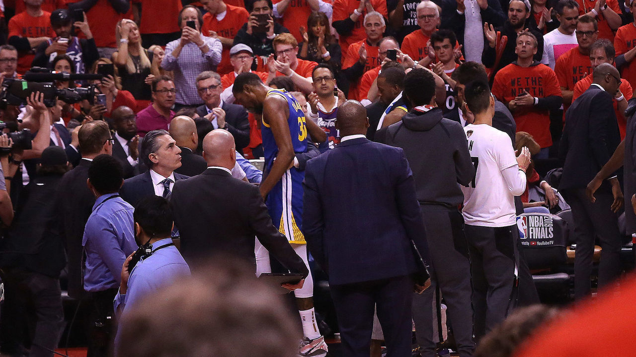 TORONTO, ON- JUNE 10 - Golden State Warriors forward Kevin Durant (35) leaves after re-injuring his leg as the Toronto Raptors lose to the Golden State Warriors in game five of the NBA Finals at Scotiabank Arena in Toronto. June 10, 2019. (Steve Russell/Toronto Star via Getty Images)