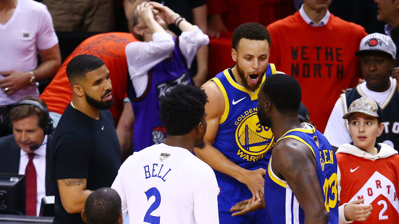 TORONTO, ONTARIO - JUNE 10: Draymond Green #23 and Stephen Curry #30 of the Golden State Warriors celebrate their teams 106-105 win over the Toronto Raptors in Game Five of the 2019 NBA Finals at Scotiabank Arena on June 10, 2019 in Toronto, Canada.