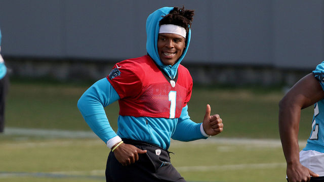 CHARLOTTE, NC - JUNE 03: Cam Newton (1) quarterback of Carolina during warm ups during an OTA practice at the Carolina Panthers training facility in Charlotte, N.C. on June 3, 2019.