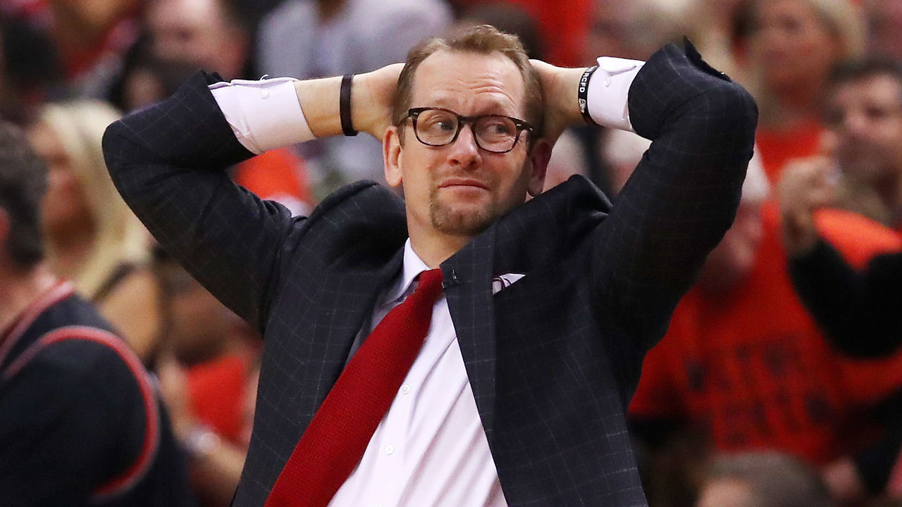 TORONTO, ONTARIO - JUNE 10: Head coach Nick Nurse of the Toronto Raptors reacts against the Golden State Warriors in the first half during Game Five of the 2019 NBA Finals at Scotiabank Arena on June 10, 2019 in Toronto, Canada.