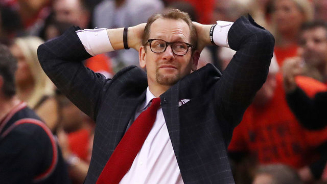 TORONTO, ONTARIO - JUNE 10: Head coach Nick Nurse of the Toronto Raptors reacts against the Golden State Warriors in the first half during Game Five of the 2019 NBA Finals at Scotiabank Arena on June 10, 2019 in Toronto, Canada.