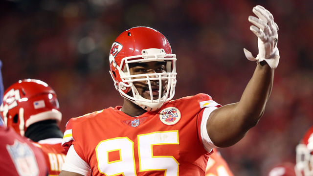 KANSAS CITY, MISSOURI - JANUARY 20: Chris Jones #95 of the Kansas City Chiefs gestures in the first half against the New England Patriots during the AFC Championship Game at Arrowhead Stadium on January 20, 2019 in Kansas City, Missouri.