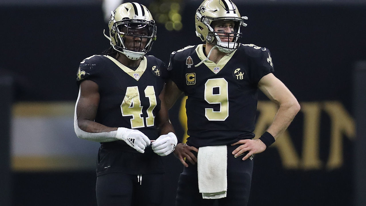 NEW ORLEANS, LOUISIANA - JANUARY 20: Alvin Kamara #41 and Drew Brees #9 of the New Orleans Saints look on against the Los Angeles Rams during the fourth quarter in the NFC Championship game at the Mercedes-Benz Superdome on January 20, 2019 in New Orleans, Louisiana.